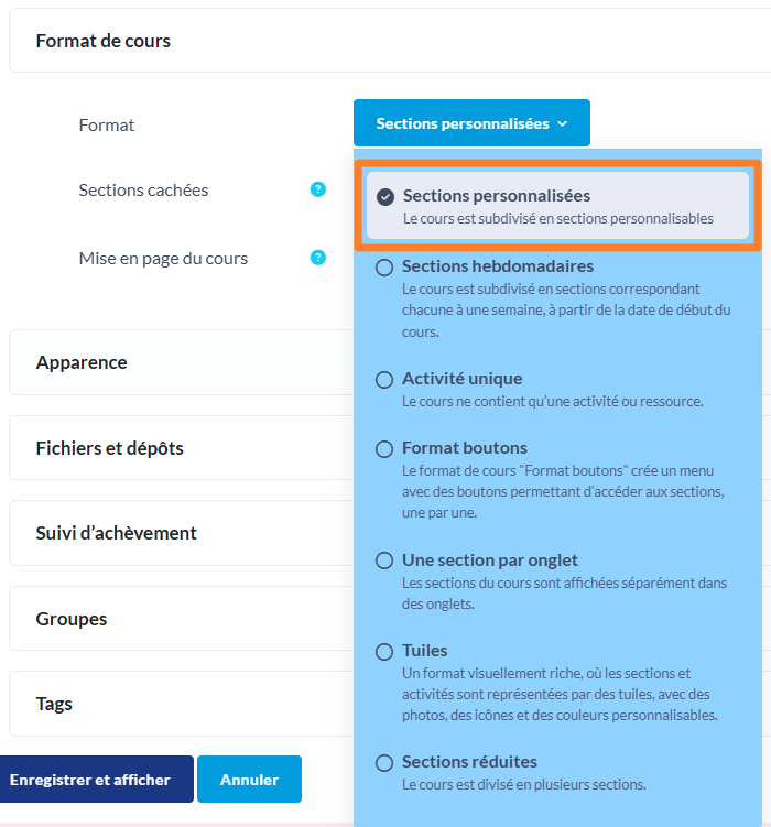 Sections personnalisées