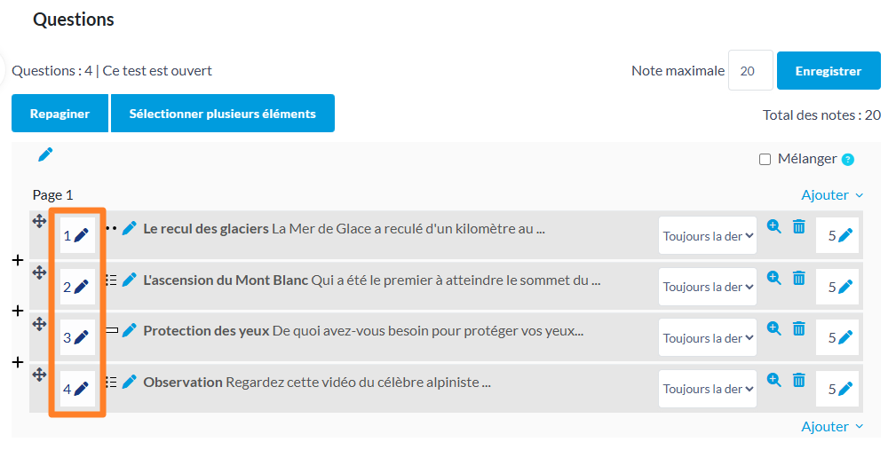 Numérotation questions test